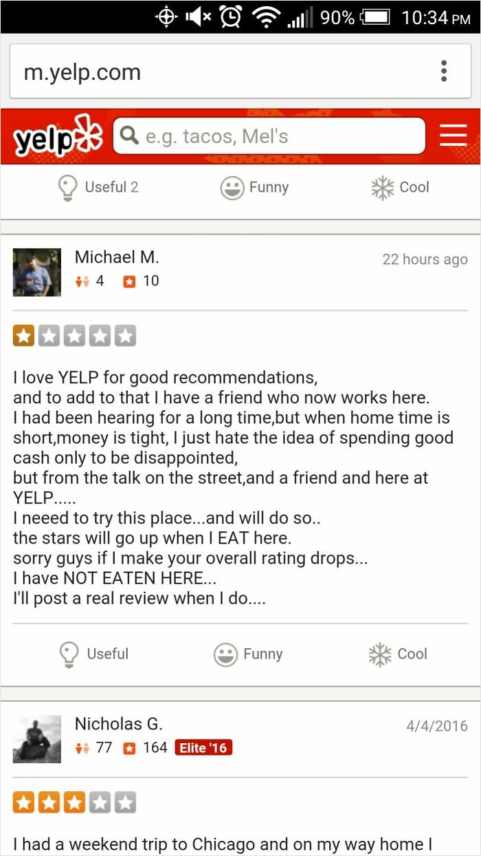 Yelp review showing low rating and a confusing comment that frustrates readers, perfect for rage-inducing pics content.
