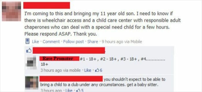 Social media post showing frustrating comments about bringing a child to an 18+ event, capturing rage-inducing moments.