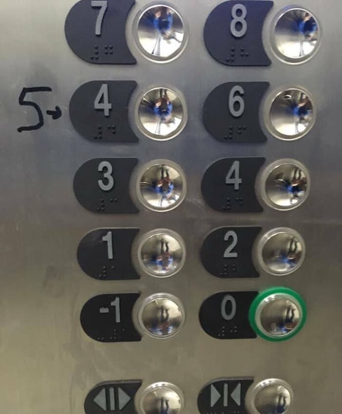 Elevator panel with floor numbers missing button five, showing poor job e*******n and confusing design.