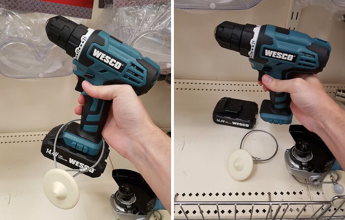 Hand holding a Wesco cordless drill with a security tag still attached, illustrating job done poorly and oversight.