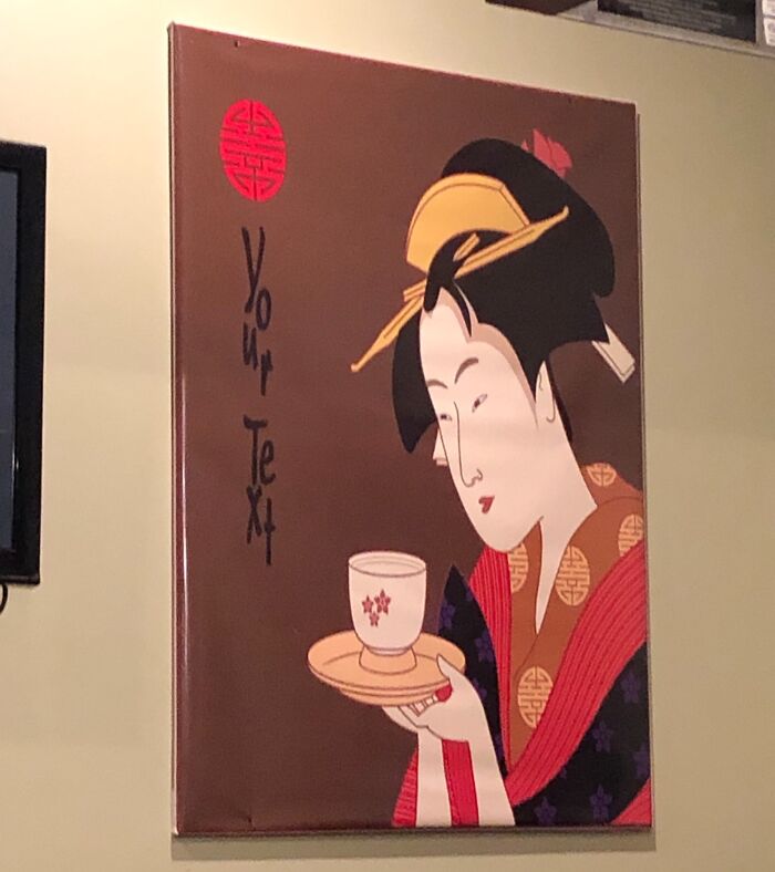 Painting of a woman holding a cup with Asian symbols, illustrating poor job e*******n in artwork and design. Painting of a woman holding a cup with Asian symbols, illustrating poor job e*******n in artwork and design.