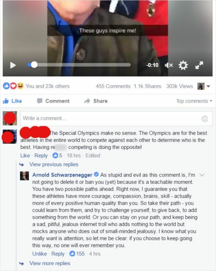 Facebook comment thread with Arnold Schwarzenegger responding thoughtfully to a hateful comment, an example of rage-inducing content.