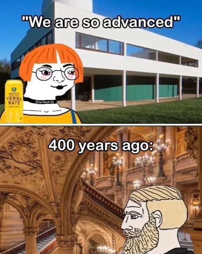 Modern character with orange hair stands outside a building saying "We are so advanced" in funny unhinged memes style.