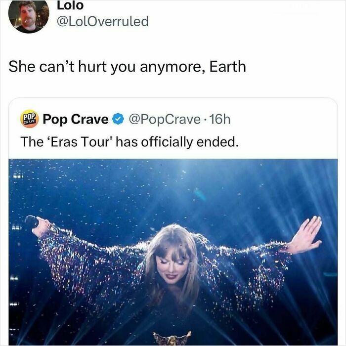 Twitter meme post about the end of a tour, featuring a performer in sparkling outfit with arms outstretched on stage.