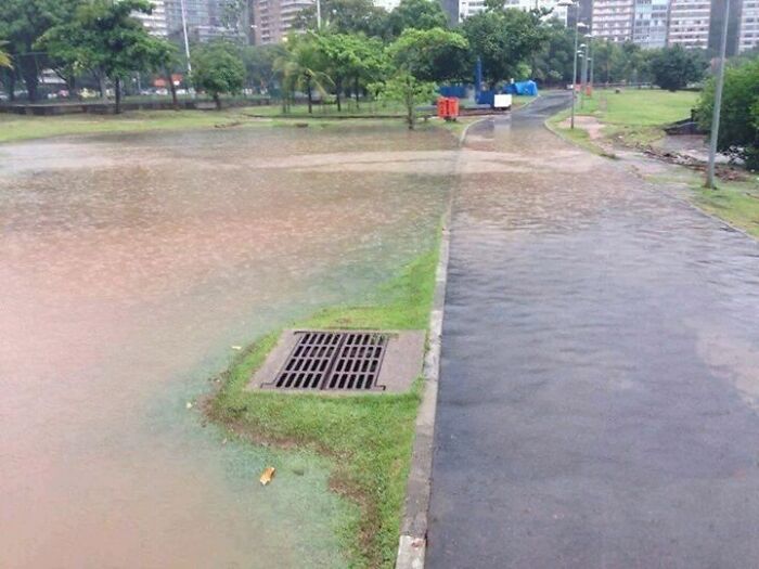 Park walkway flooded on one side with a drain grate surrounded by grass, illustrating pointless things that serve no purpose.