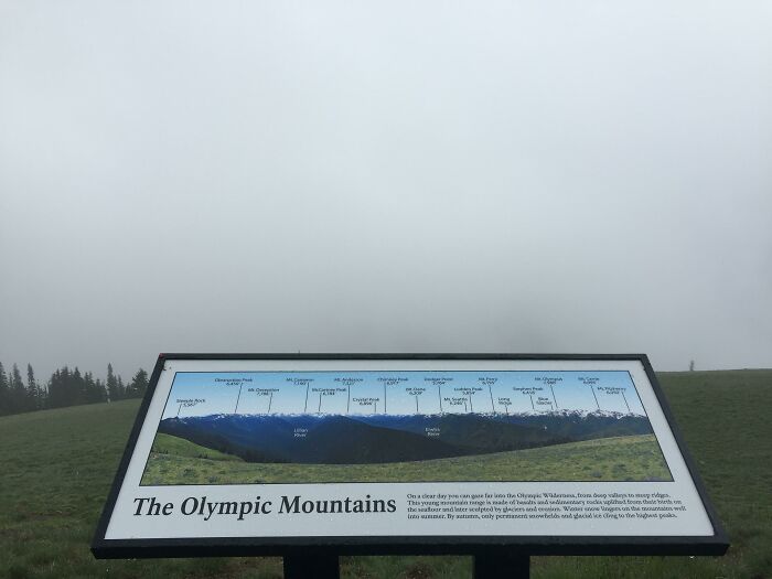 Signboard of the Olympic Mountains on a foggy day, showcasing pointless things that serve no purpose except being funny.