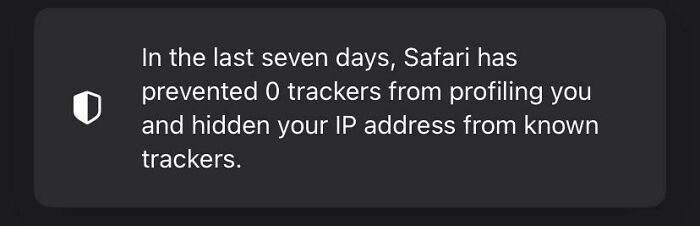 Safari privacy notification showing zero trackers blocked and IP address hidden in the last seven days, highlighting pointless things.