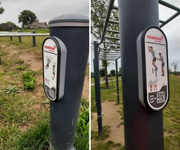 Instructional signs for playground equipment are installed incorrectly on poles, showcasing job failure almost impressive.