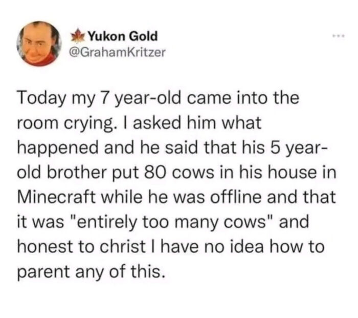 Tweet about a parent’s struggle with Minecraft antics, illustrating funny and relatable memes for parents.