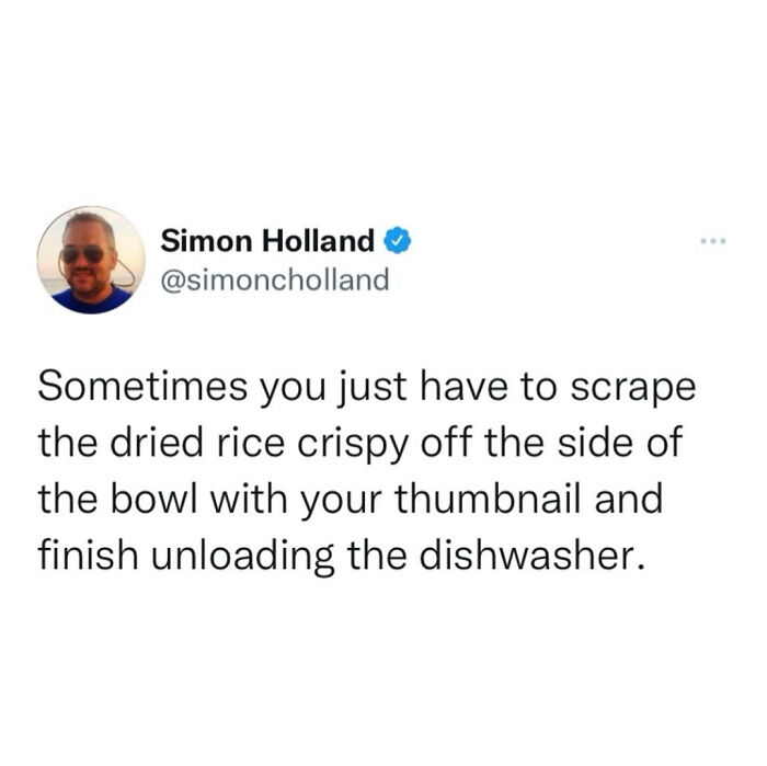 Tweet from Simon Holland humorously describing scraping dried rice off a bowl while finishing unloading the dishwasher, relatable meme for parents.