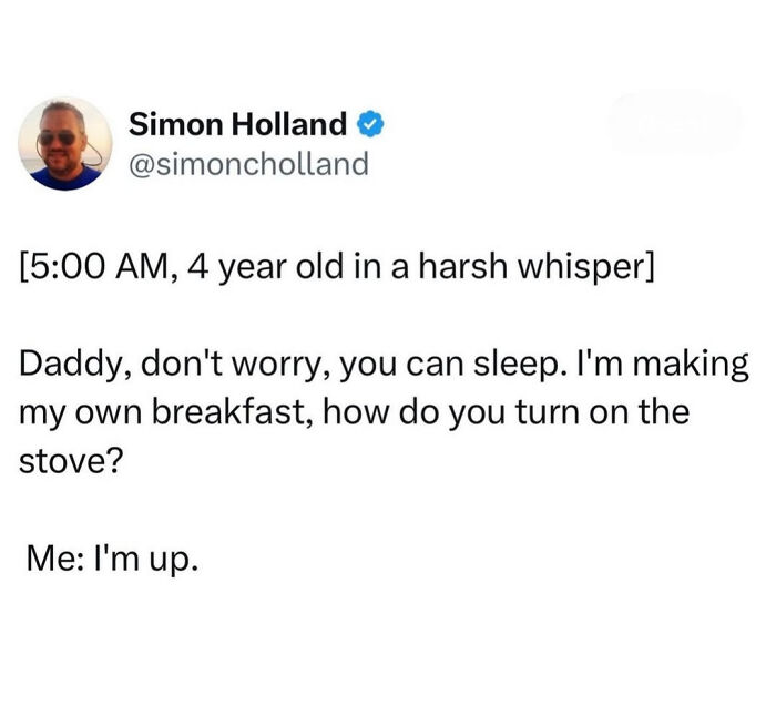 Funny and relatable memes for parents showing early morning parenting moments with kids trying to make breakfast alone.
