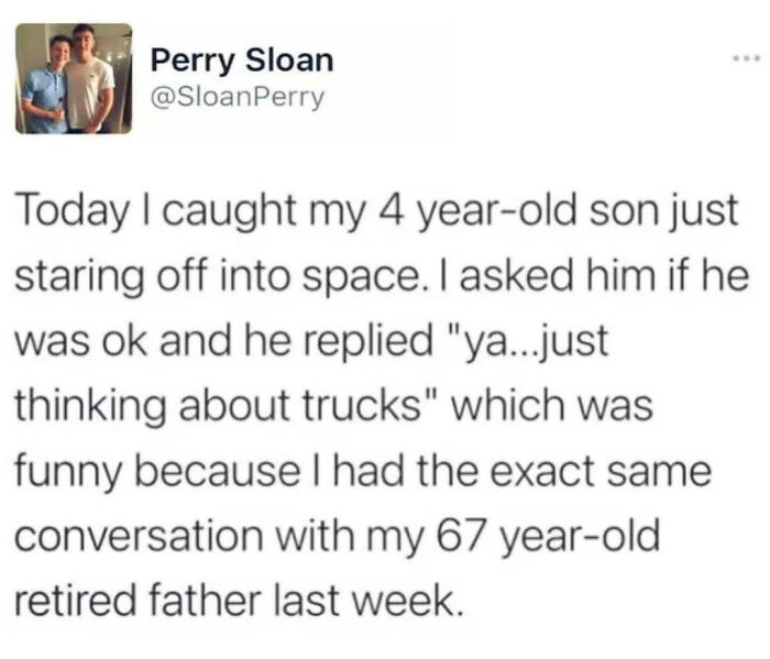 Screenshot of a humorous parent meme about a child thinking of trucks, highlighting relatable moments for parents.