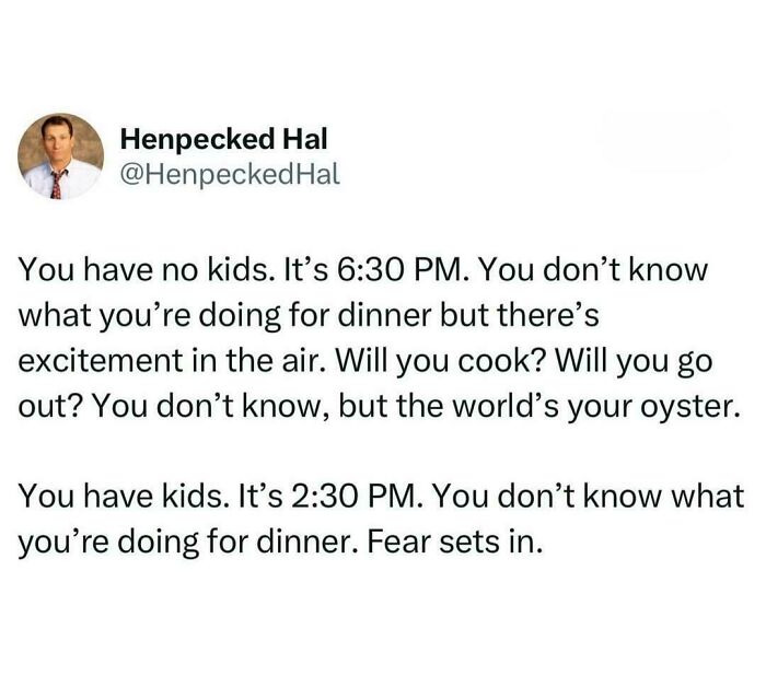 Tweet humorously contrasting dinner decisions with and without kids, relatable memes for parents highlighting everyday challenges.