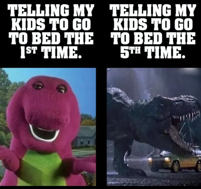 Memes for parents showing difference between asking kids to go to bed the first time versus the fifth time with dinosaur images.