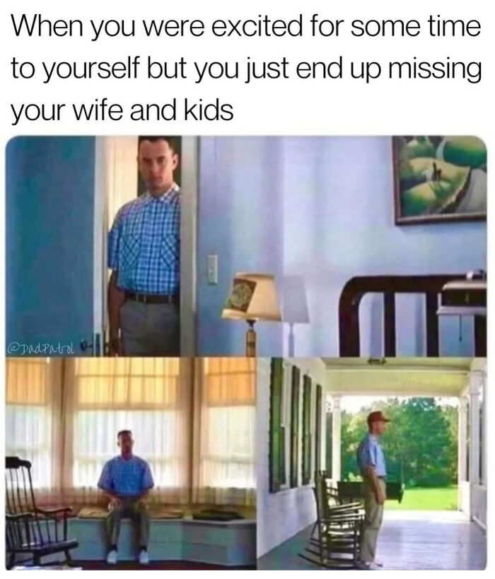 Man looking lonely at home in a relatable meme for parents missing family during some time to himself.