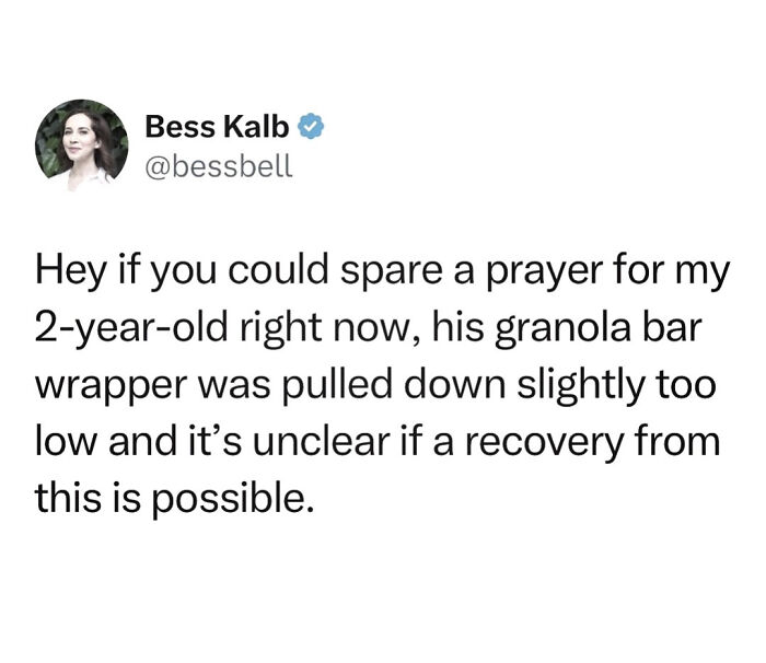 Tweet about the relatable parenting struggle with a granola bar wrapper, featured in memes for parents.