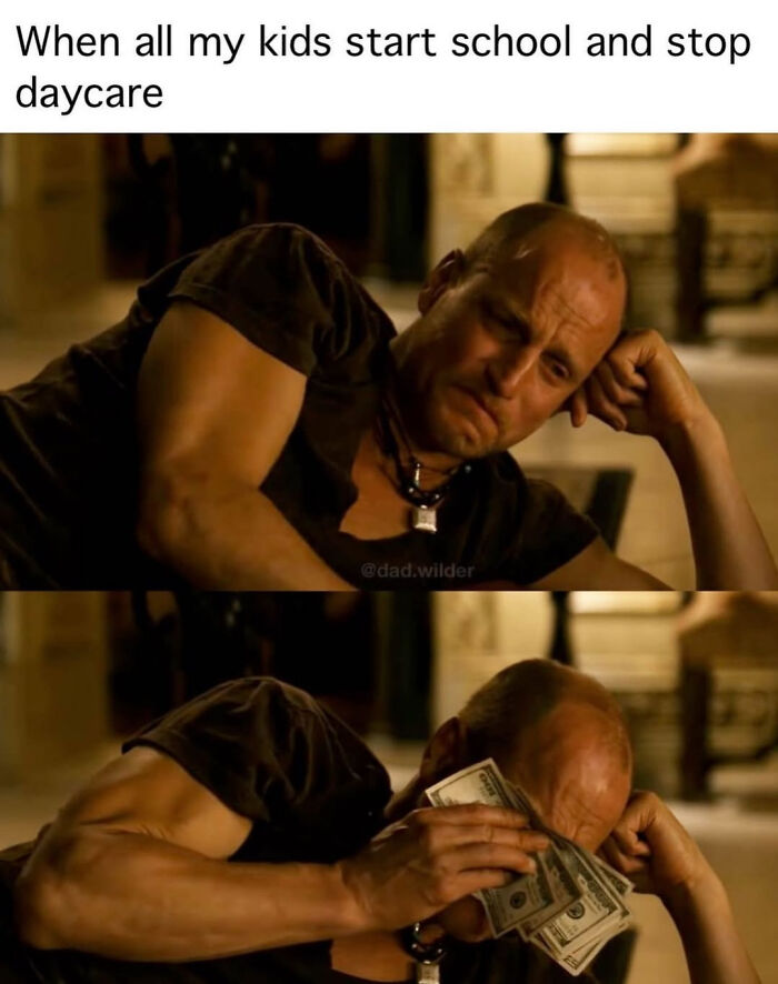 Man lying down looking sad then wiping face with money, illustrating relatable memes for parents about kids starting school.