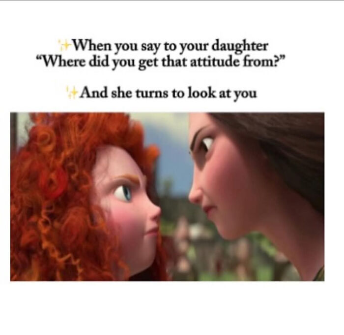 Mother and daughter animated characters with intense expressions in a relatable meme for parents about attitude and family dynamics.