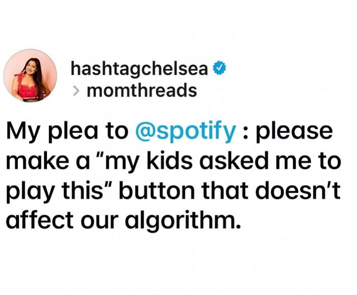 Social media post from momthreads humorously requesting a Spotify feature about kids' music in relatable memes for parents.