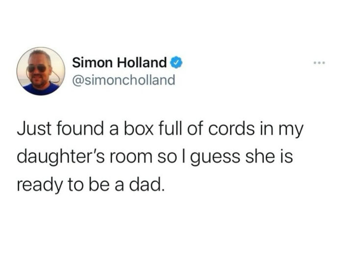 Tweet by Simon Holland humorously referencing relatable memes for parents about discovering cords in a child's room.