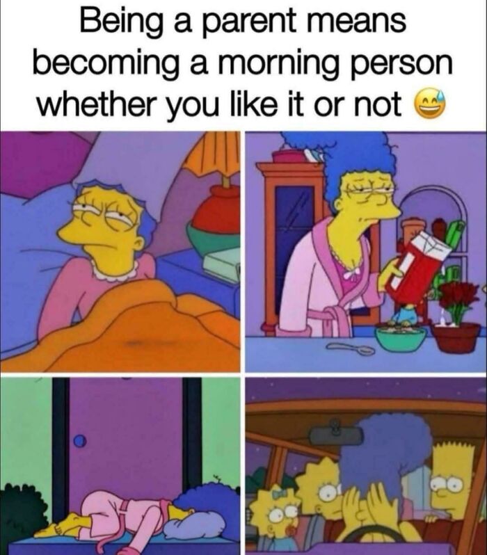 Hilarious and relatable memes for parents showing tired morning struggles of a cartoon mom waking up and handling kids.