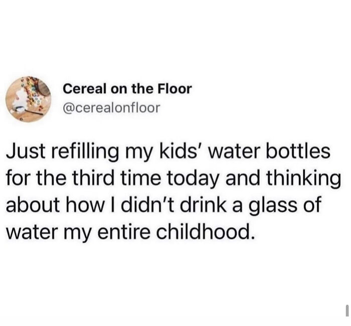 Relatable memes for parents about the daily chaos of refilling kids’ water bottles multiple times a day.