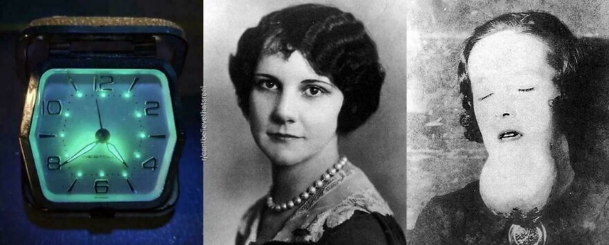 Glowing vintage clock, black and white portrait of a woman, and an eerie distorted face in a series of random pictures.