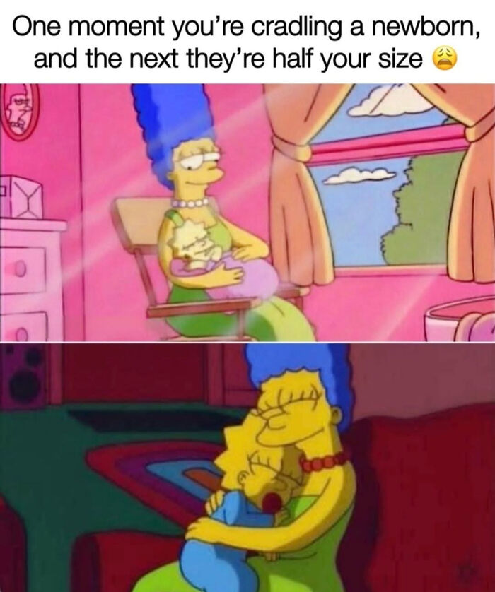 Meme showing Marge Simpson cradling a newborn and later hugging a toddler, depicting relatable memes for parents.