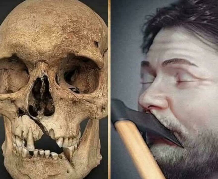 Side-by-side image showing an ancient skull and a man biting an axe handle, highlighting intriguing random pictures.