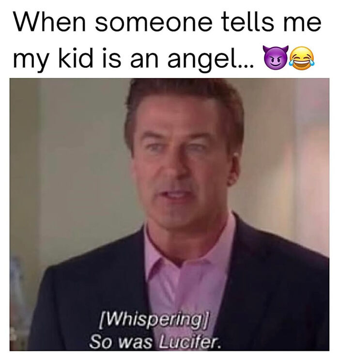 Man in suit reacting to a relatable meme for parents joking about kids not being angels.