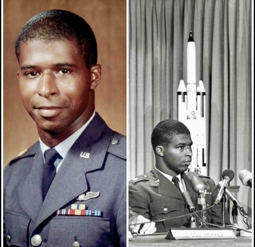 Portrait and press conference images of a decorated U.S. Air Force officer, showcasing vintage military attire and medals.
