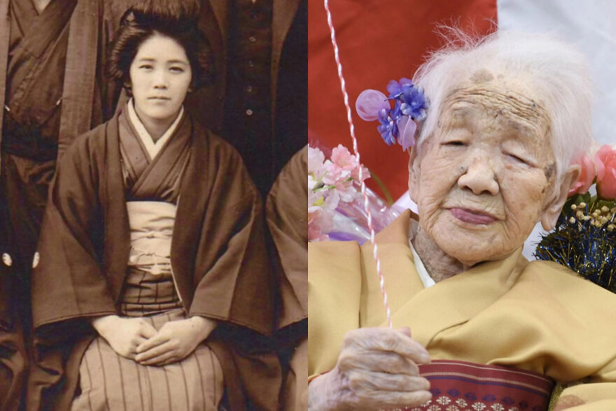 Side-by-side pictures showing a young and elderly woman in traditional Japanese clothing, a random picture worth exploring.