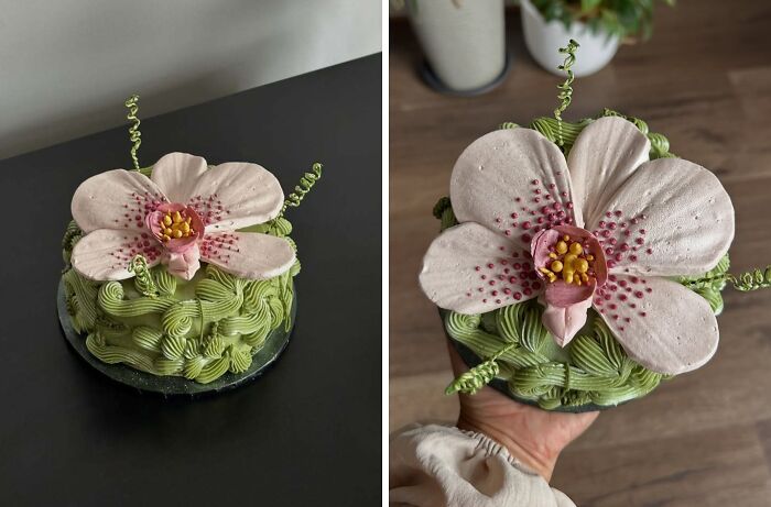 Flower-shaped cake with green piped frosting, showcasing masterfully crafted cakes and creative cake designs.