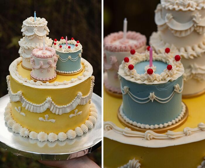 Masterfully crafted cakes with intricate icing designs in pastel colors showcasing human creativity and baking artistry.