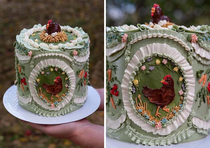 Intricately decorated cake featuring detailed hand-piped chicken and floral designs showcasing masterful cake craftsmanship.
