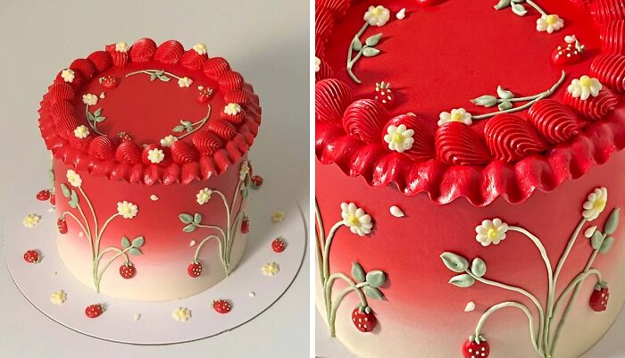 Red gradient cake decorated with masterfully crafted strawberry and flower designs showcasing creativity in cake decoration.