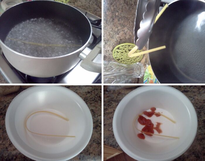 Uncooked spaghetti used as chopsticks resting on a plate with sauce, illustrating pointless and funny kitchen hacks.