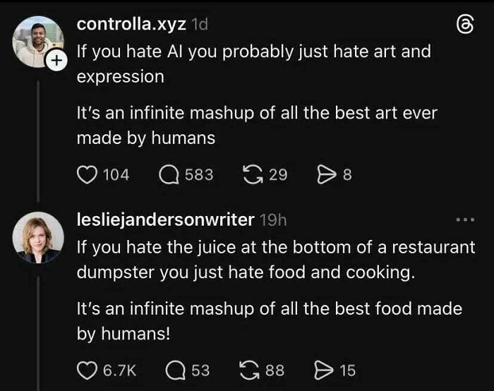 Two users exchange epic burns about art and food, turning insults into witty expressions and creative mashups.
