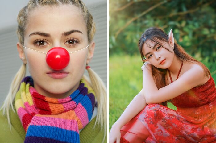 Two women representing would you rather dilemmas, one with a clown nose and colorful scarf, the other outdoors in red dress