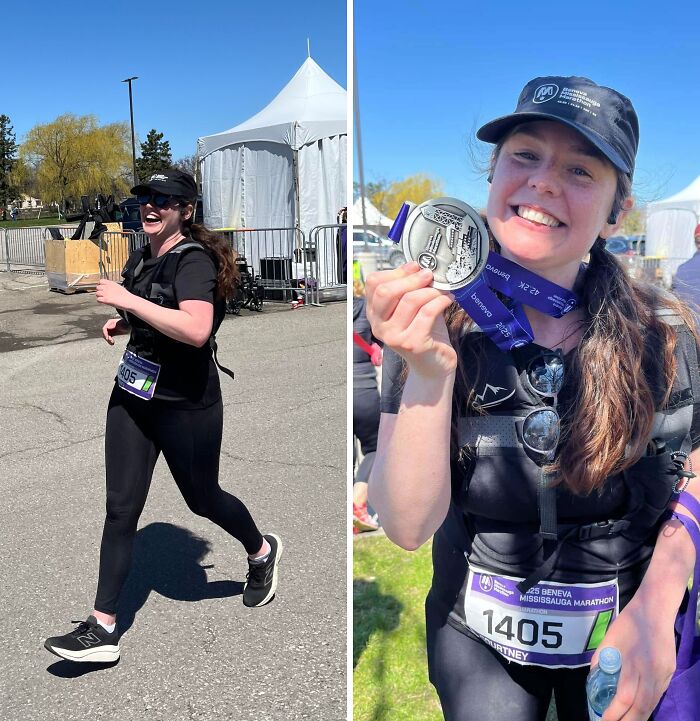 Woman smiling and running a marathon, celebrating success after taking a leap of faith in her life decisions
