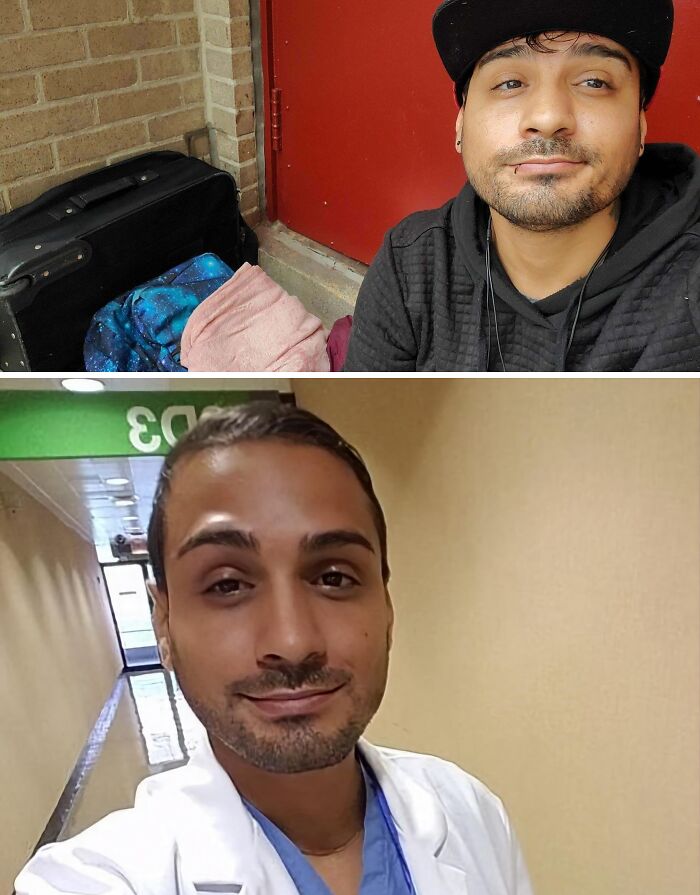 Before and after photos of a man showing inspiring leap of faith moments leading to life-changing success.