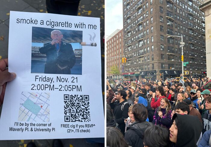 A flyer inviting people to smoke a cigarette together, bringing heartwarming moments to a large city crowd.