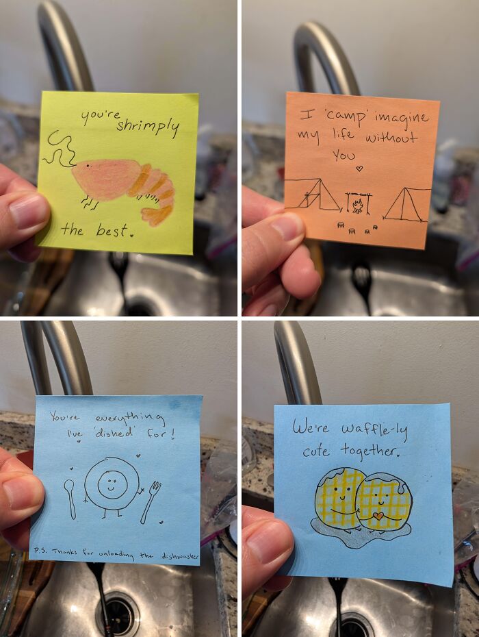 Handwritten heartwarming photos of cute puns and drawings on sticky notes held over a kitchen sink.