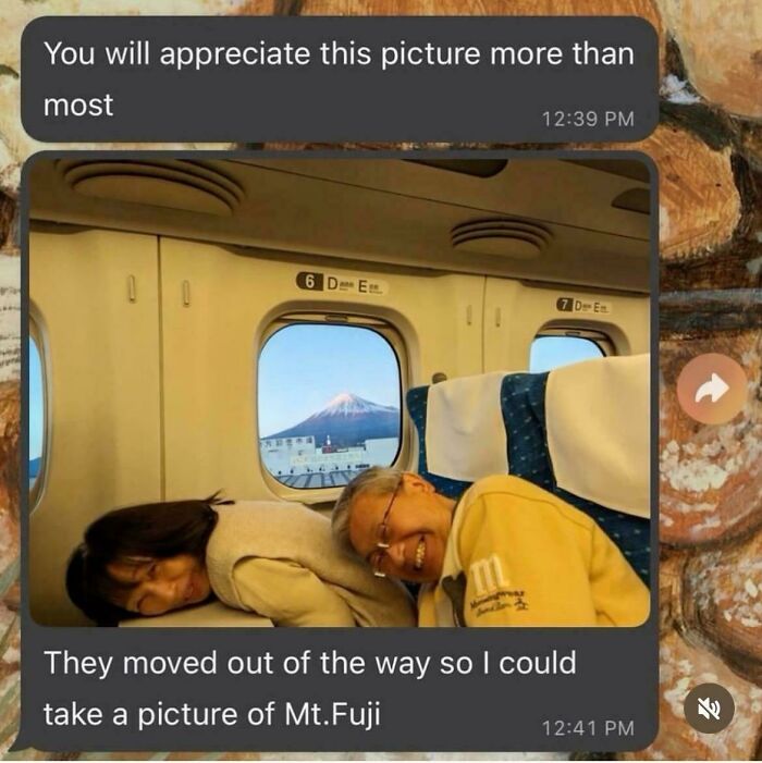 Two passengers on a train smiling and resting as they make way to capture a heartwarming photo of Mt. Fuji.