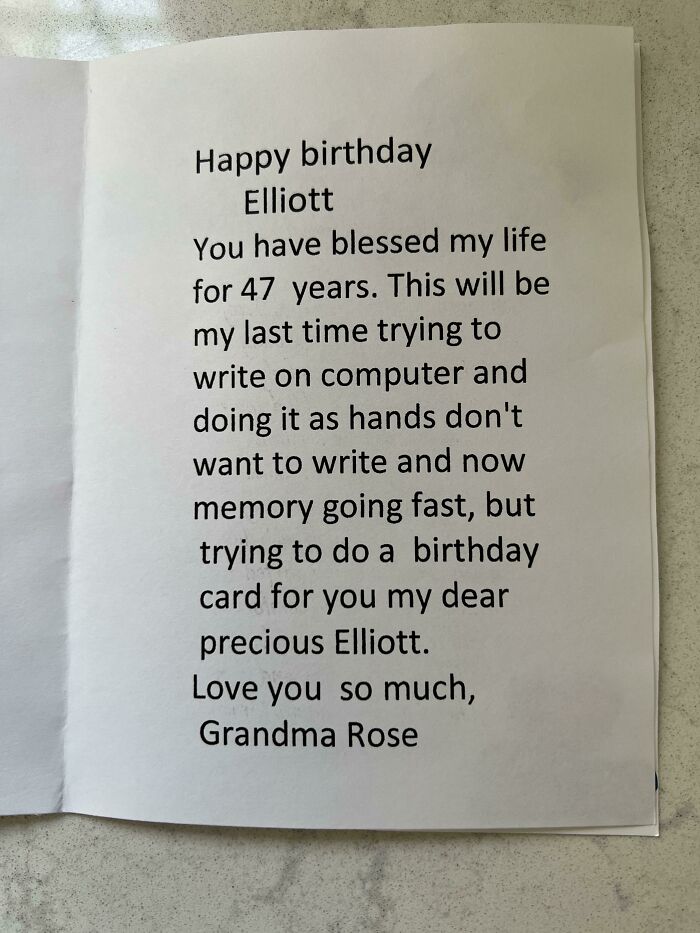 Heartwarming handwritten birthday message from Grandma Rose to Elliott, expressing love and precious memories.