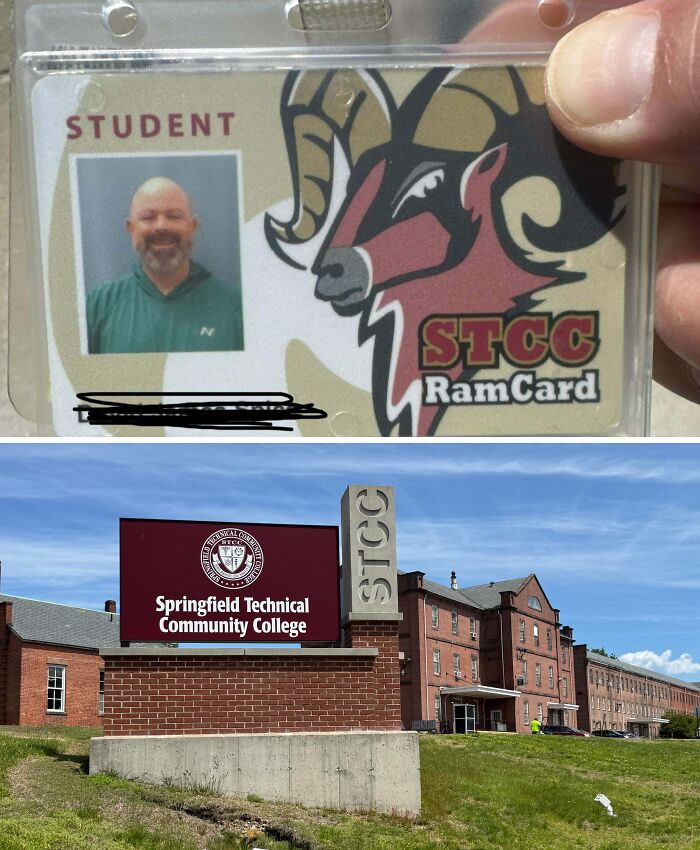 Student ID card and Springfield Technical Community College building symbolizing leap of faith and best life decisions at college.