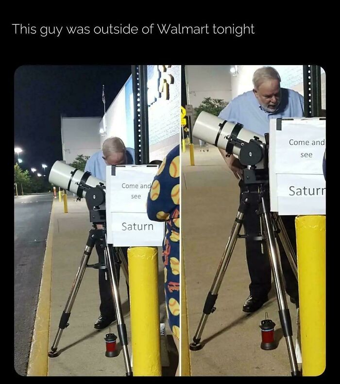 Man outside Walmart at night inviting people to look at Saturn through a telescope, a heartwarming photo that brightens the day.