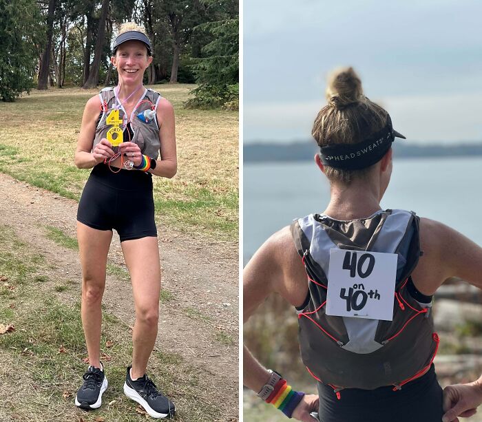 Woman celebrating a running milestone outdoors, showcasing a leap of faith in making best life decisions.