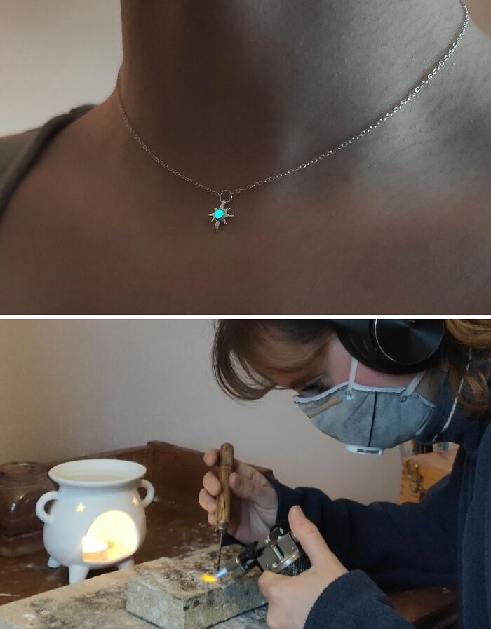 Close-up of a star pendant necklace and a person crafting jewelry with a torch, showcasing leaps of faith in life decisions.
