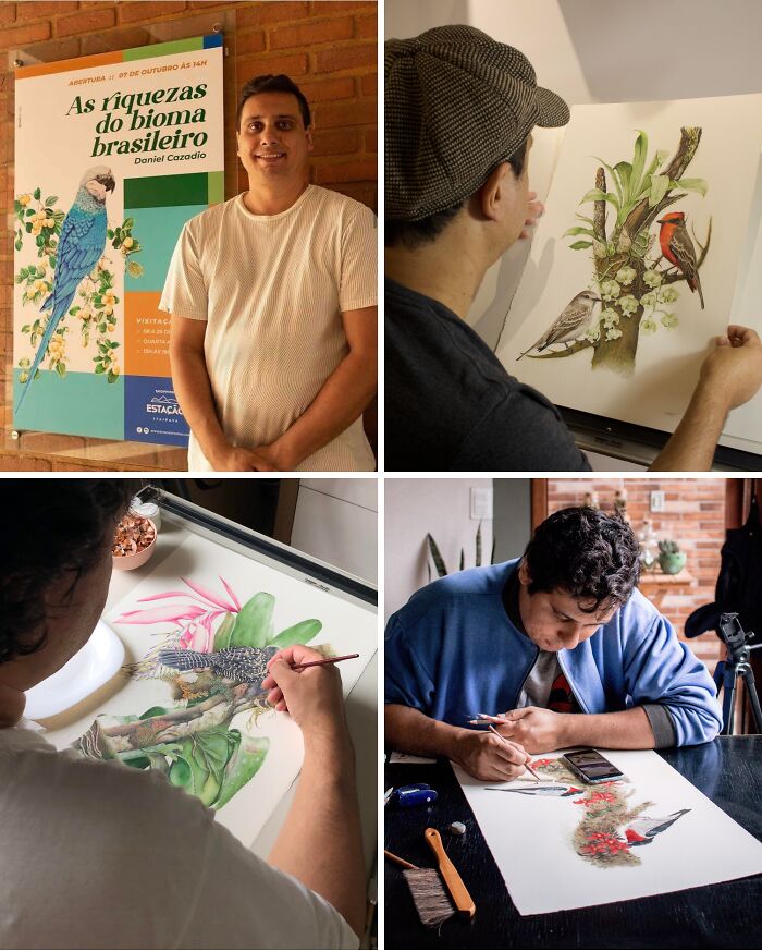 Artist making a leap of faith by creating detailed bird paintings, showcasing bold life decisions and creative passion.